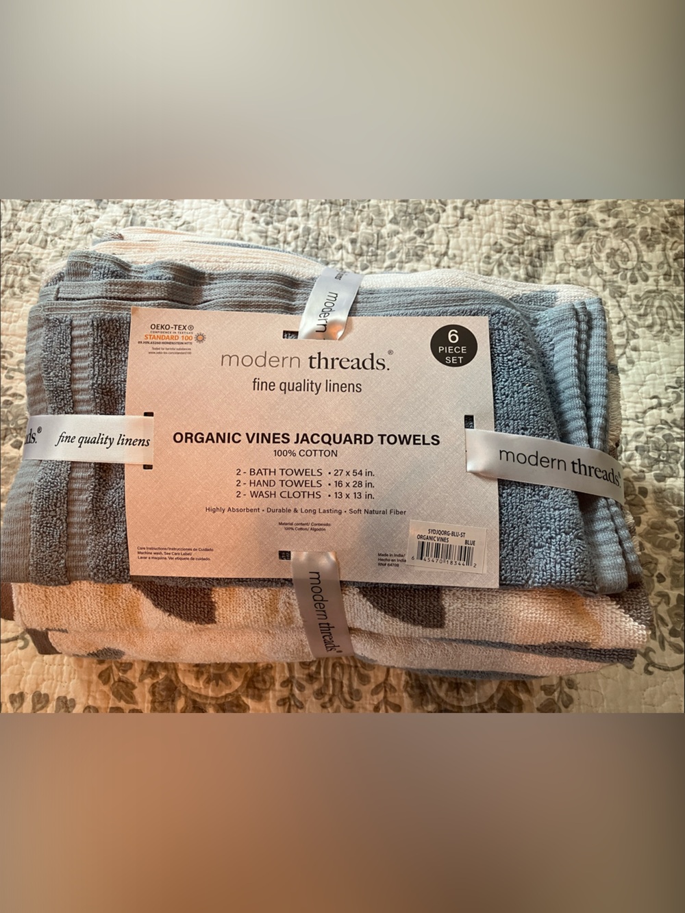 Organic Vines Jacquard Towels - Blue & Cream (6-Piece)